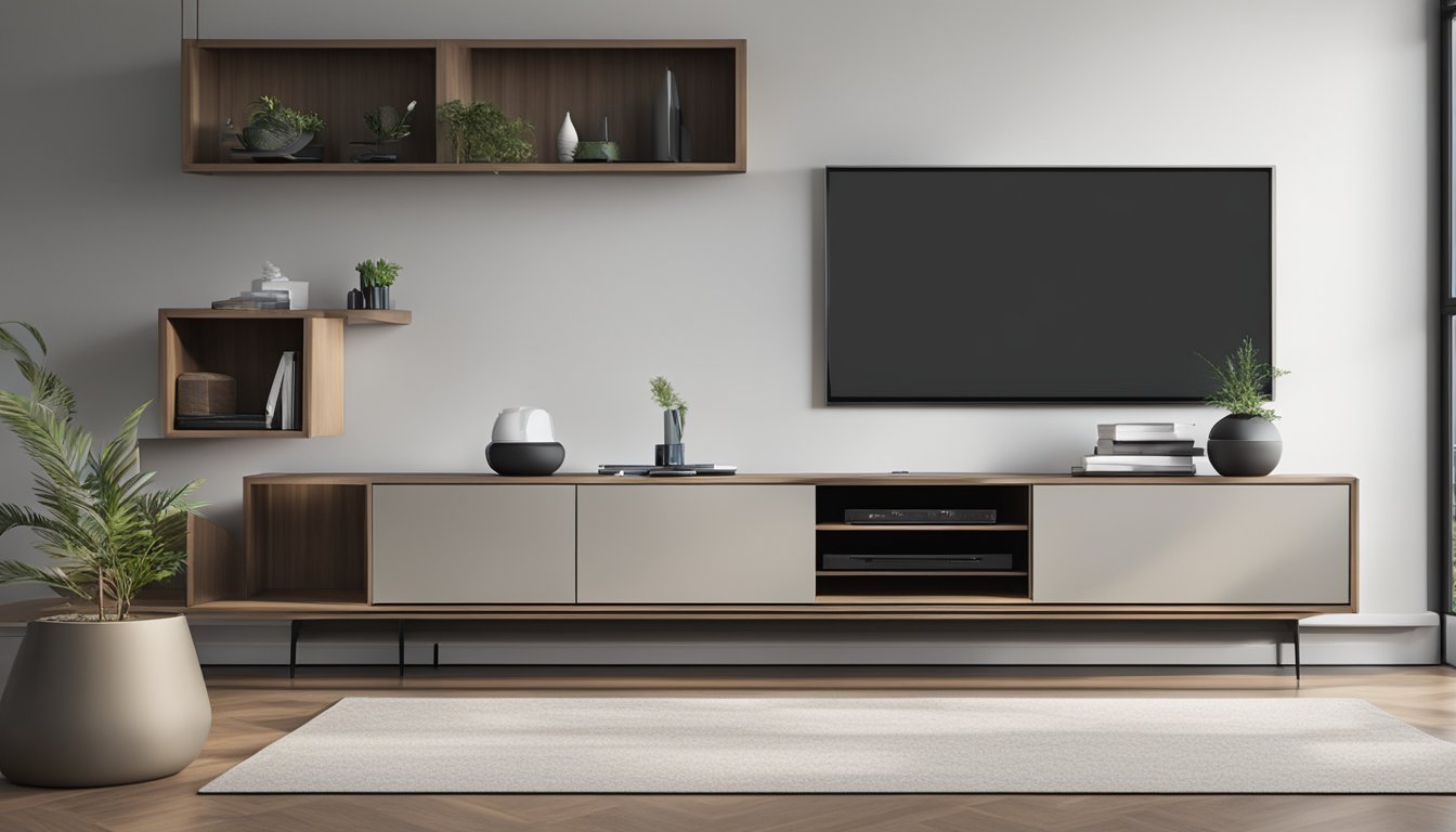 A sleek, modern low TV console seamlessly integrates with surrounding furniture, showcasing its functionality and minimalistic design