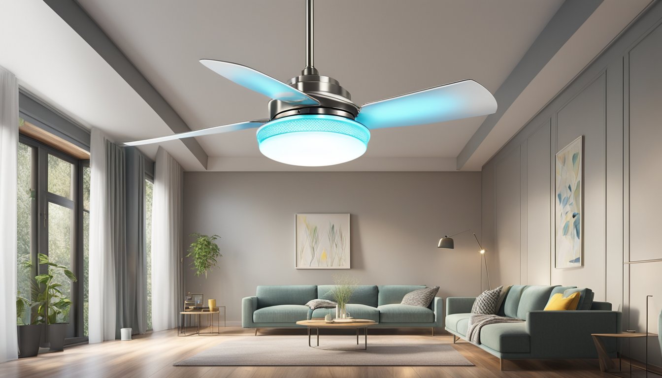 A ceiling fan with LED lights hangs from the center of a room, spinning slowly as it illuminates the space