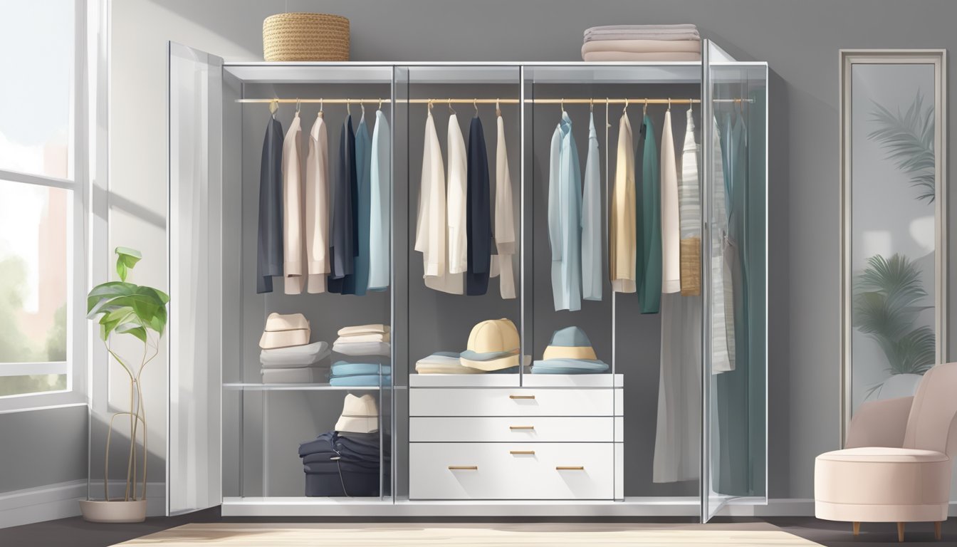 A glass wardrobe stands against a white wall, reflecting the light from the room. Inside, neatly arranged clothing and accessories are visible through the transparent surface