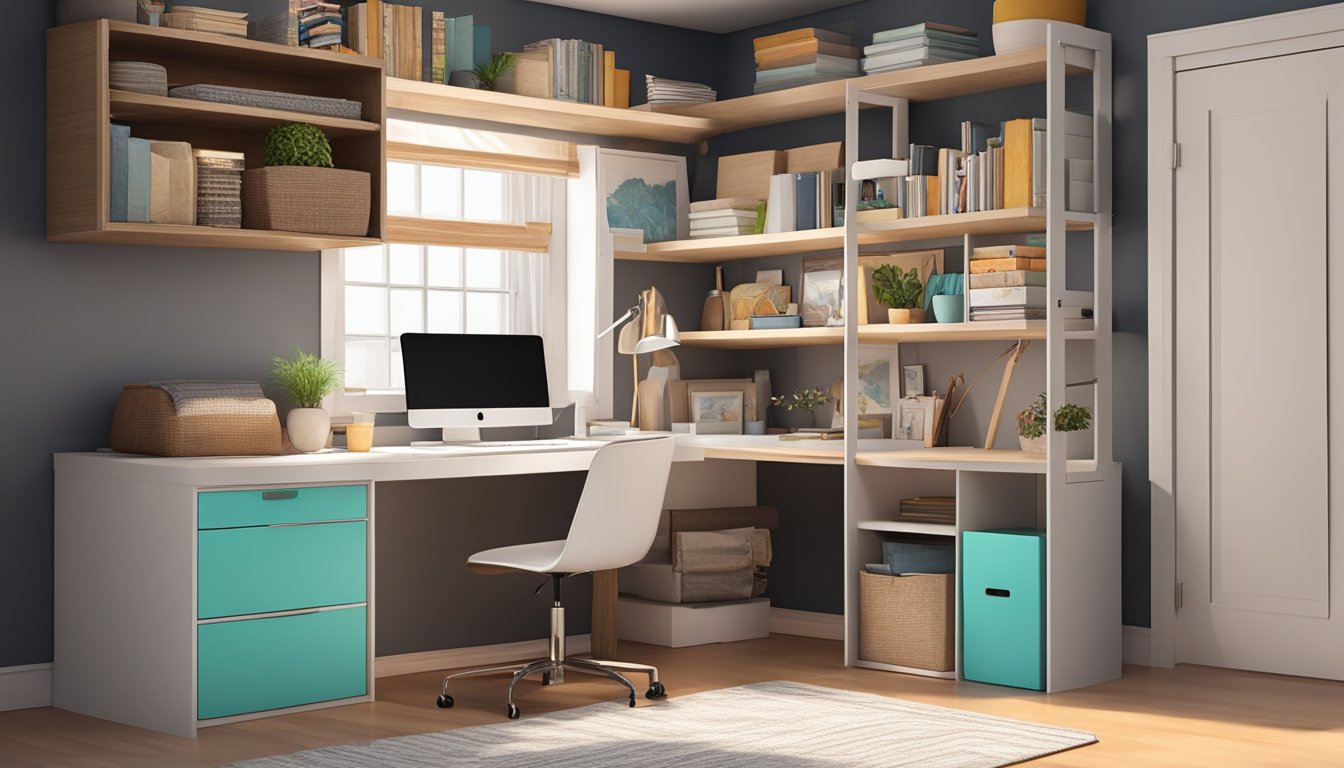 A loft bed sits above a compact desk and storage unit in a cozy bedroom, maximizing the use of space