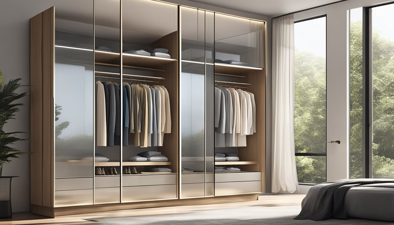 A sleek glass wardrobe stands against a sunlit wall, reflecting the room's serene ambiance. Shelves display neatly arranged clothing and accessories, while the transparent doors reveal a glimpse of the organized interior