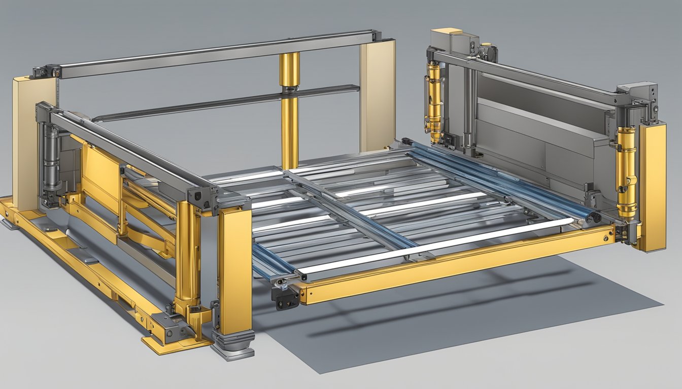 A hydraulic bed frame extends upward, supported by metal pistons