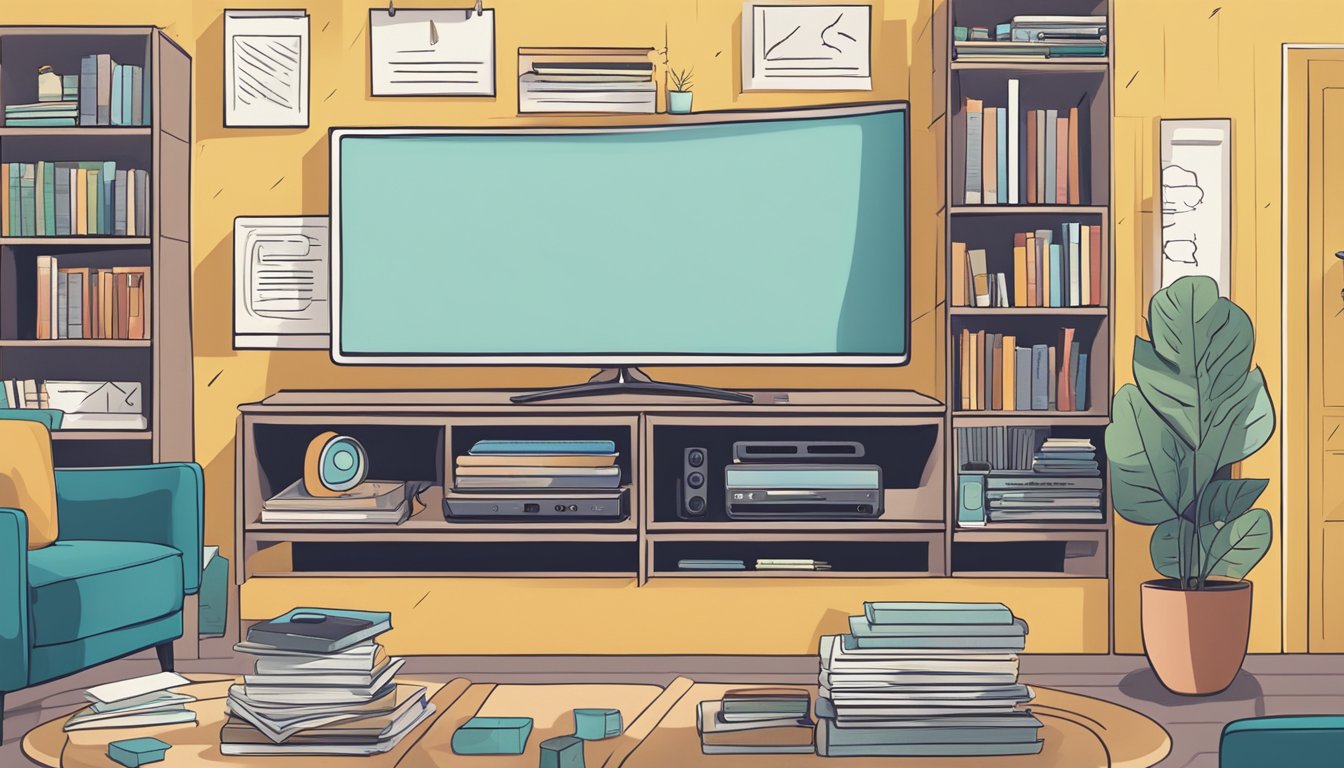 A low TV console surrounded by various frequently asked questions in speech bubbles