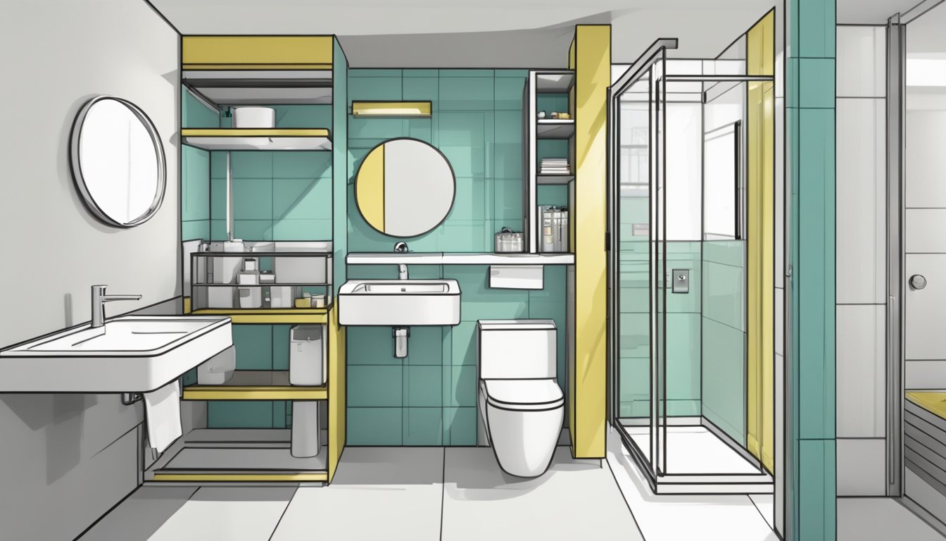 A compact HDB toilet with clever storage solutions and space-saving fixtures, featuring a wall-mounted sink, built-in shelves, and a foldable shower screen
