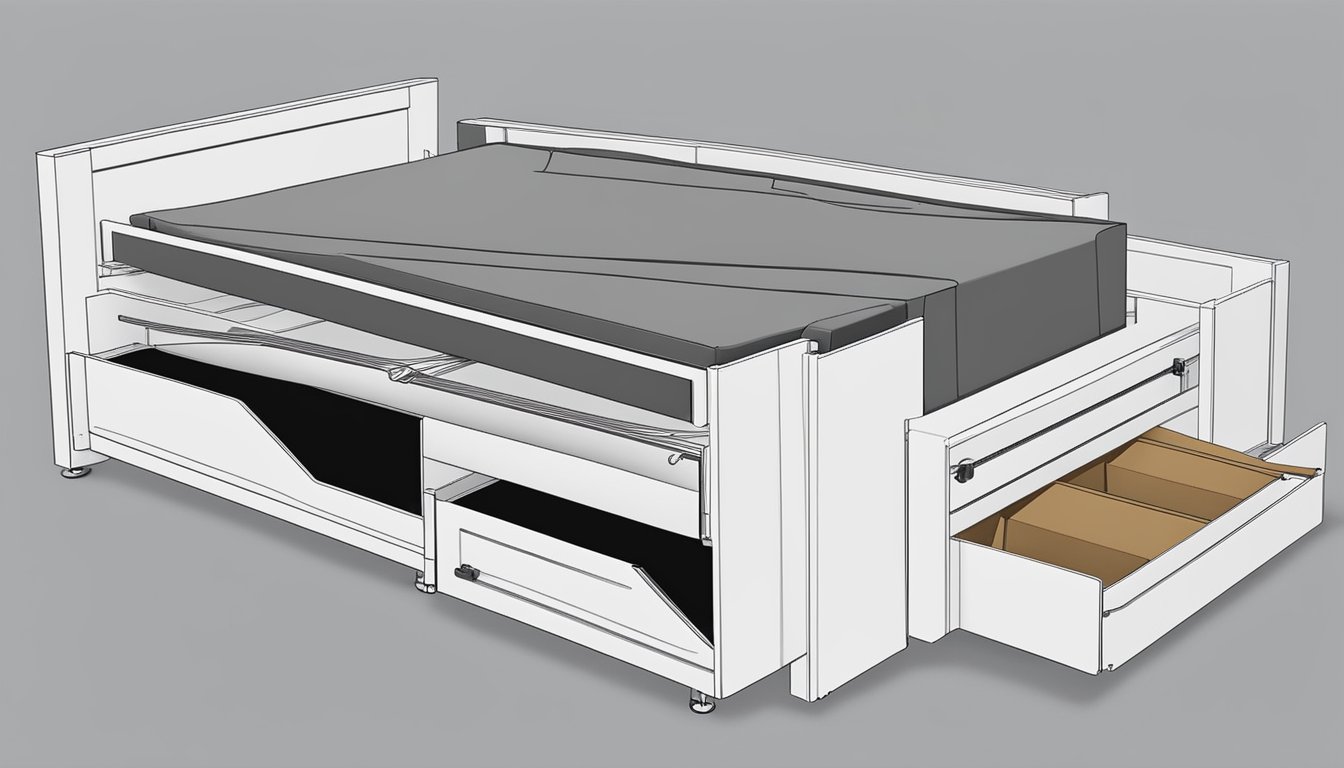 A hydraulic bed frame extends upward, revealing storage space beneath. The mechanism operates smoothly, with a sleek and modern design