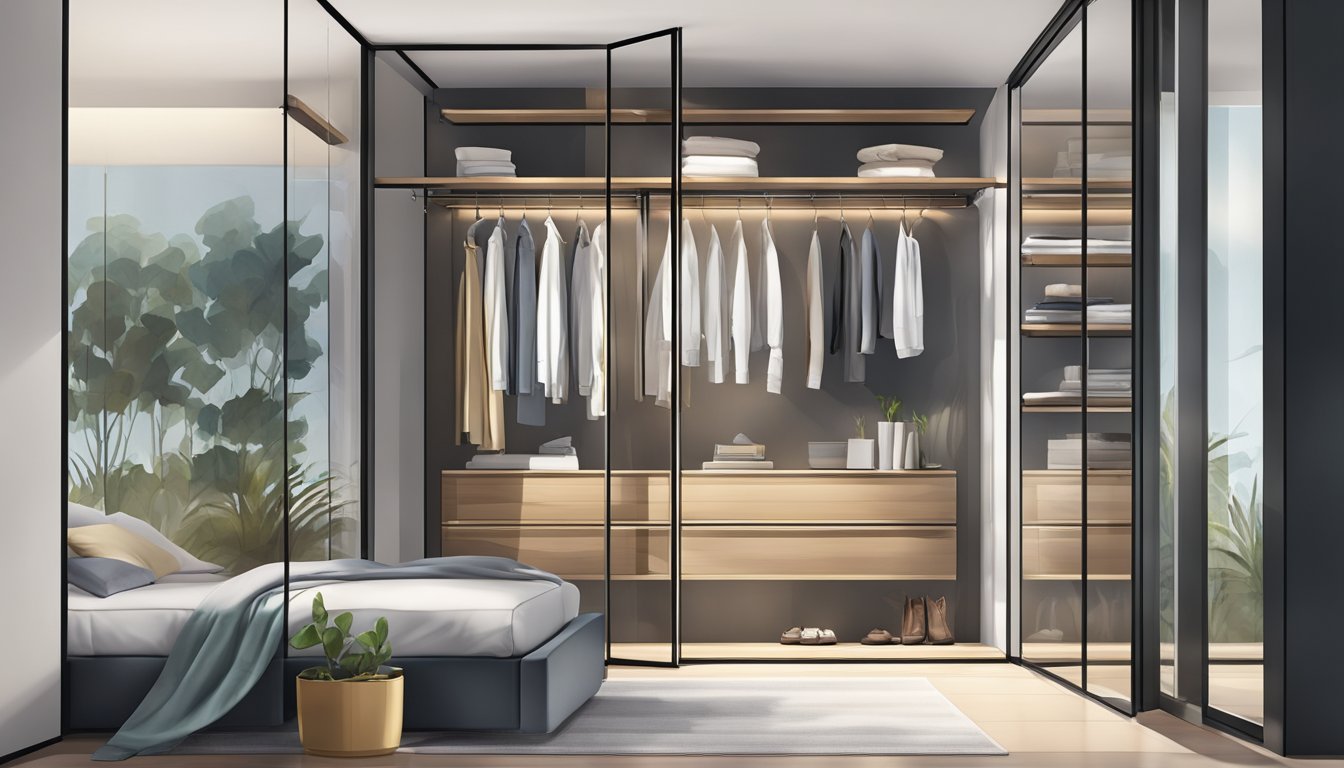 A glass wardrobe with organized shelves and hanging space, reflecting a well-lit room with a clean and modern aesthetic