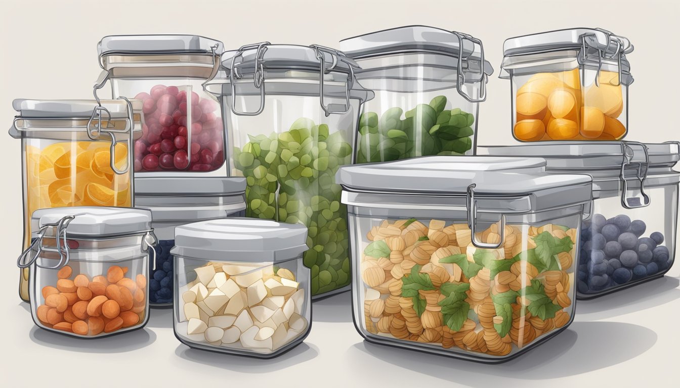 Glass food containers arranged on a kitchen counter, filled with colorful ingredients and labeled with handwritten tags