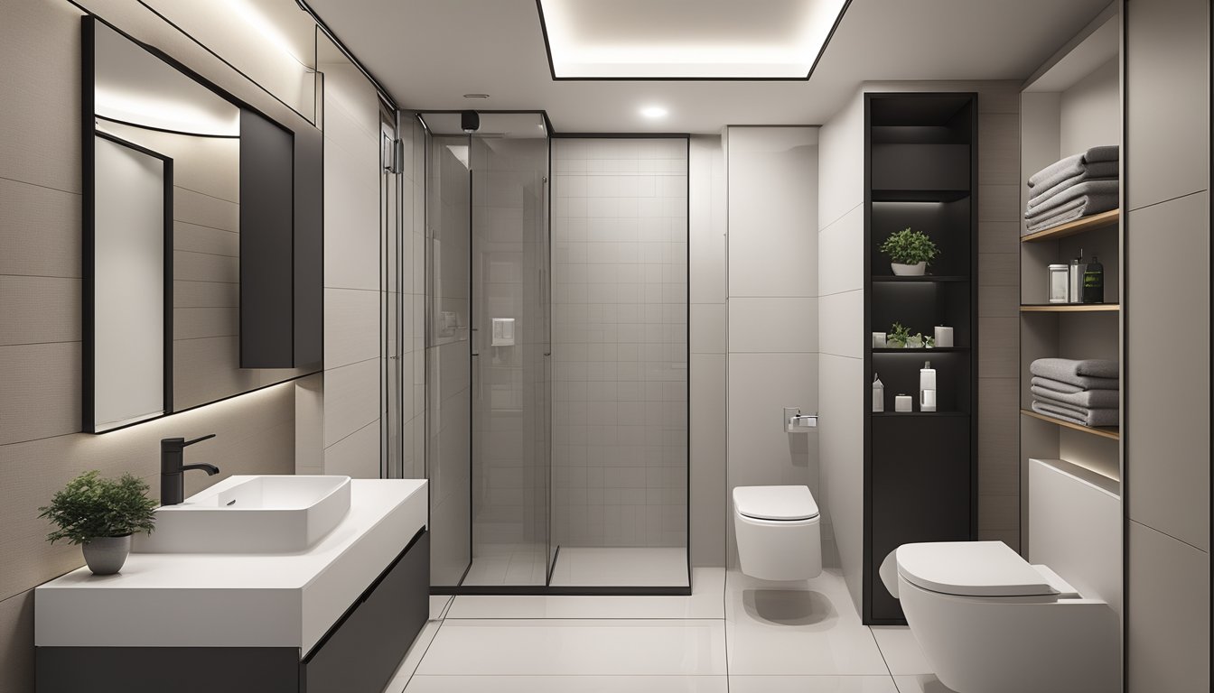The HDB small toilet features sleek, modern fixtures, with a focus on maximizing space and functionality. The design includes minimalist elements and smart storage solutions
