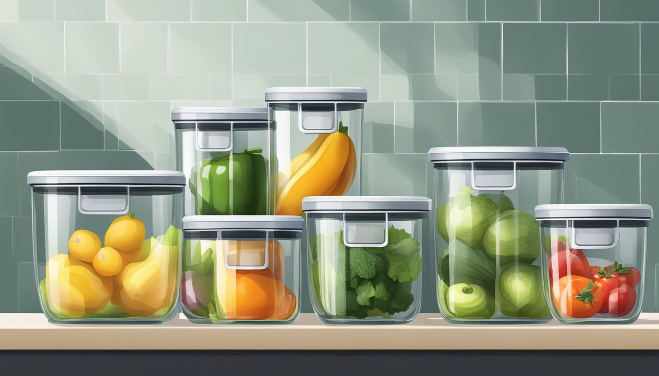 Glass food containers arranged neatly on a kitchen counter, showcasing their transparency and durability. Filled with fresh fruits and vegetables, they highlight the benefits of using glass for storing food