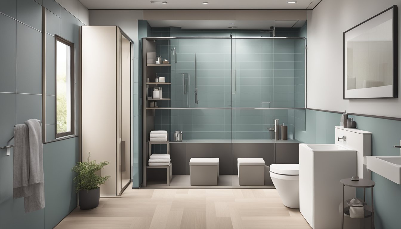 A small toilet with minimalistic design, featuring space-saving fixtures and clever storage solutions. Clean lines, neutral colors, and efficient use of space
