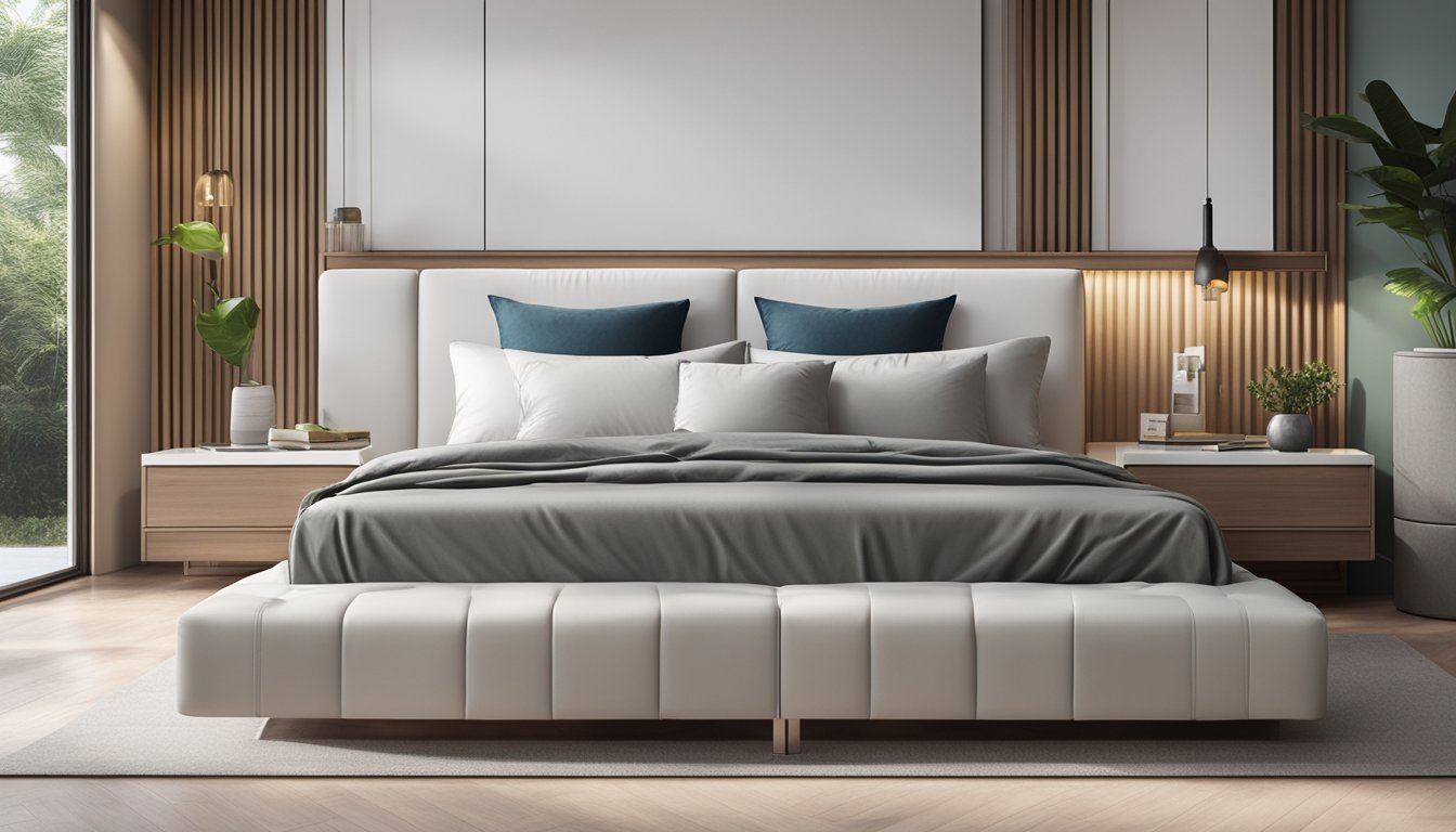 A latex pillow in a modern bedroom in Singapore. The pillow is placed on a bed with clean white sheets and surrounded by contemporary furniture