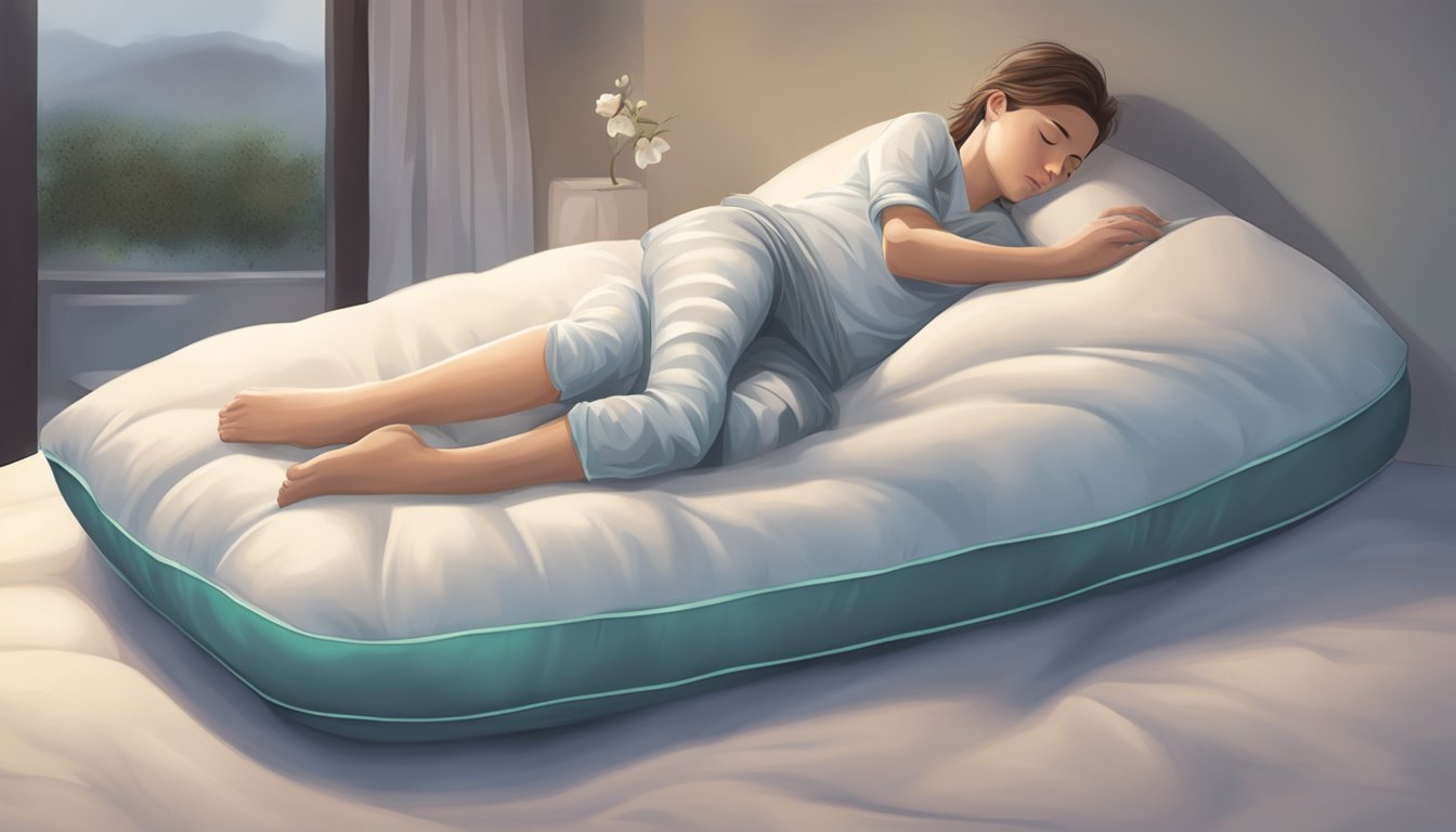 A person sleeping peacefully on a latex pillow, surrounded by a serene and comfortable environment, with a sense of relaxation and support