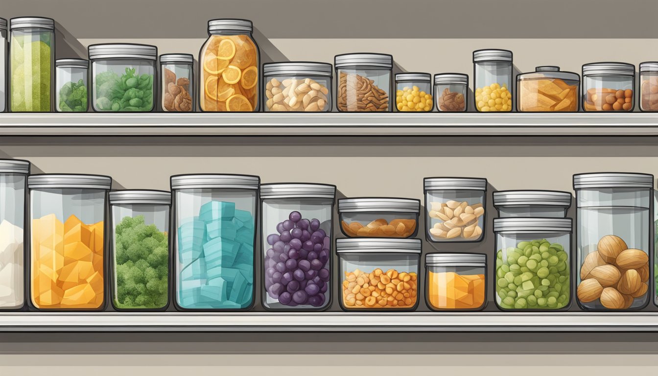 A hand reaches for a glass food container on a shelf, surrounded by various sizes and shapes of containers