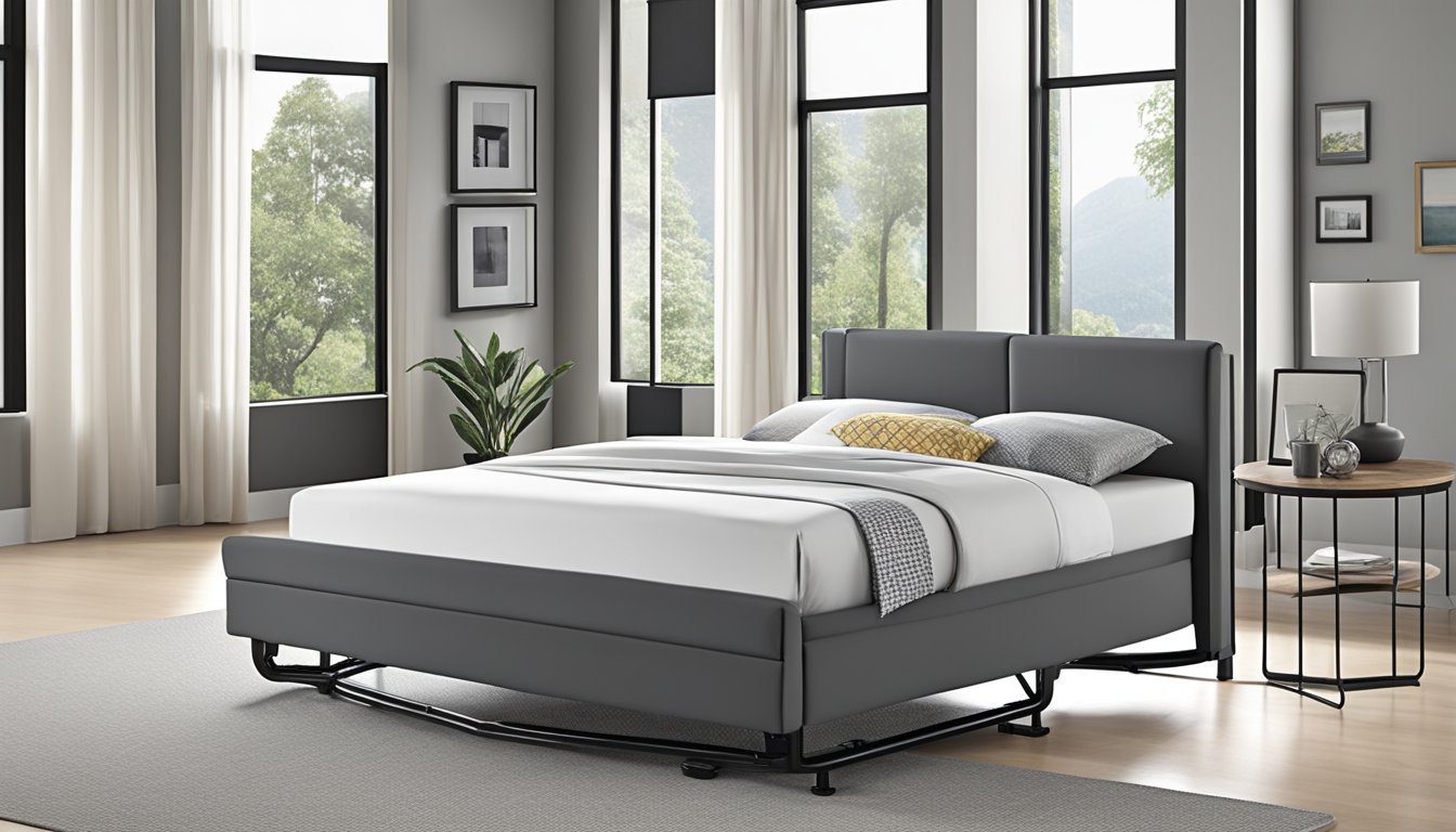 A hydraulic bed frame smoothly adjusts height and angle for optimal comfort and support. Sturdy metal construction with sleek, modern design