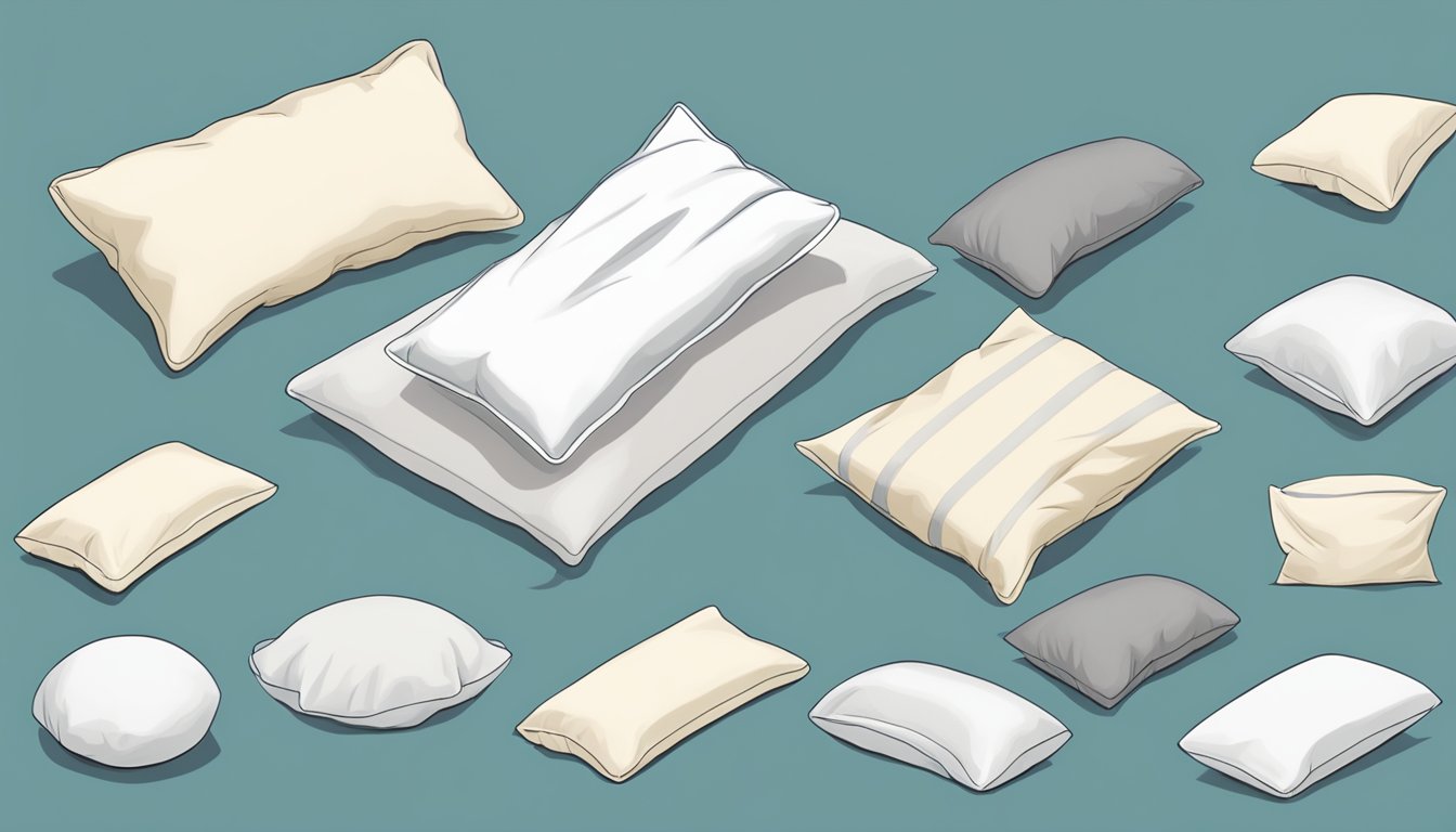 A hand reaching for a latex pillow on a neatly made bed, surrounded by other pillow options