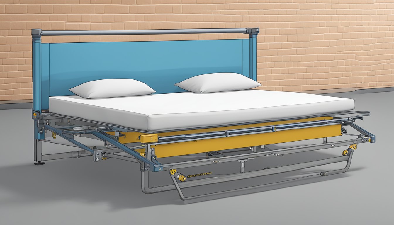 A hydraulic bed frame with FAQ text hovering above