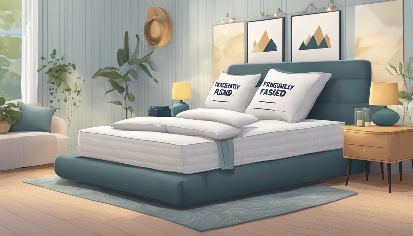 A stack of latex pillows with "Frequently Asked Questions" banner in a cozy bedroom setting