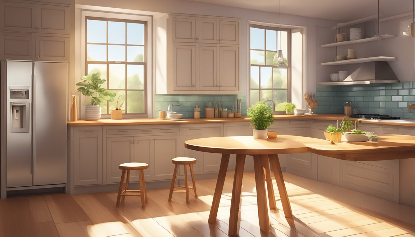 A round stool sits in the center of a cozy kitchen, bathed in warm sunlight streaming through the window. The wooden surface is smooth and polished, with four sturdy legs supporting it