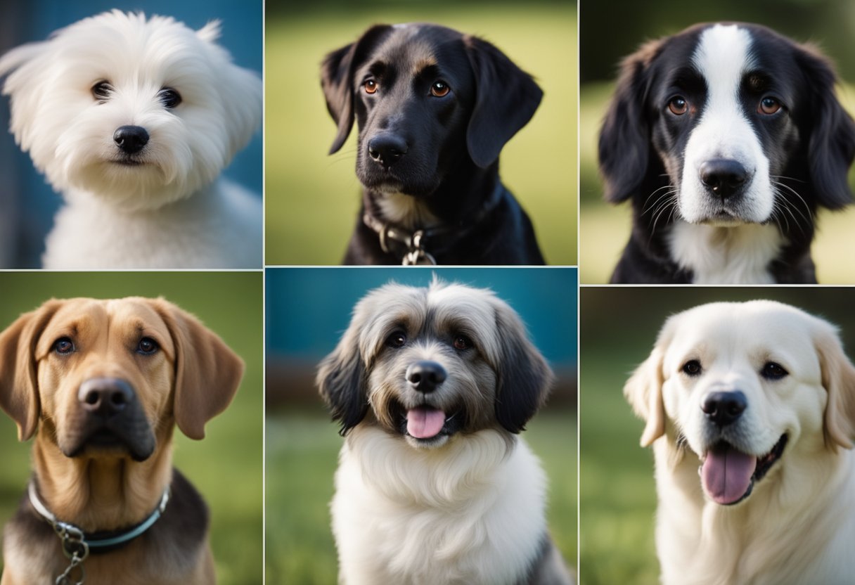 Various dog breeds from different time periods are depicted, highlighting the ethical concerns surrounding dog breeding