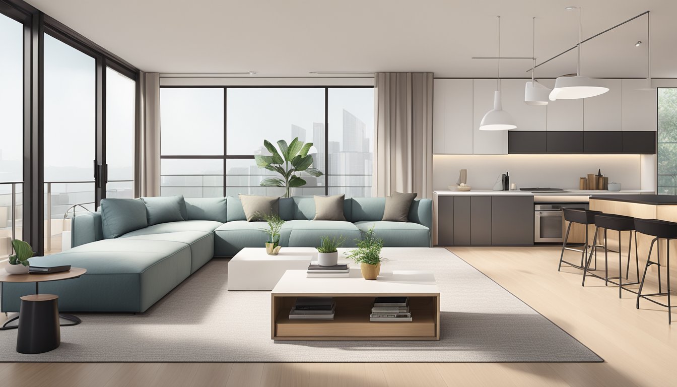 A modern living room with a sleek storage coffee table in Singapore. Clean lines, minimalistic decor, and natural light streaming in