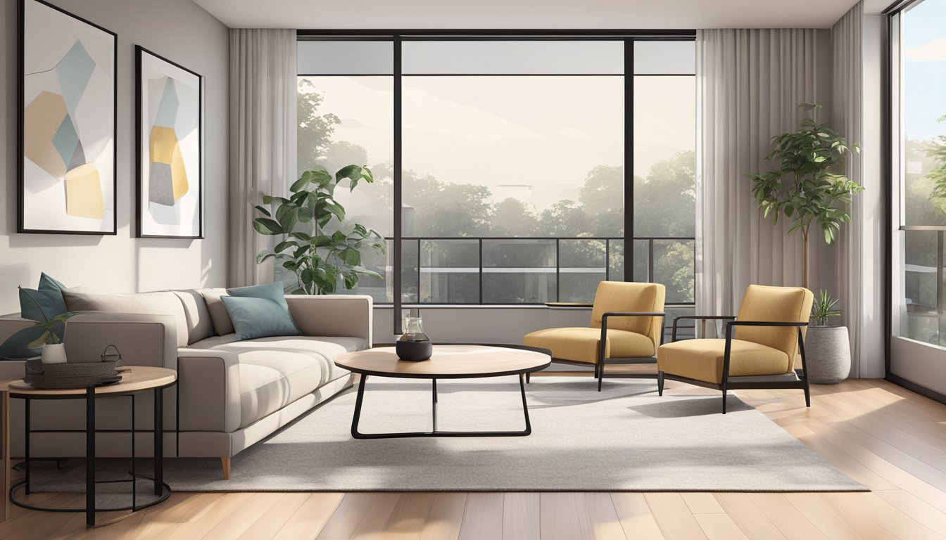 The apartment interior features a modern, minimalist design with clean lines, neutral colors, and plenty of natural light streaming in through large windows
