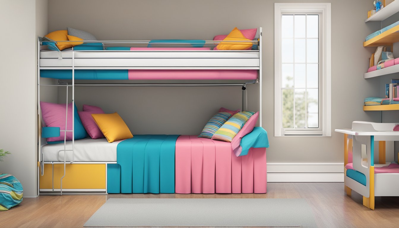 A bunk bed with a pull-out bed underneath, against a wall with a window. The top bunk has a safety railing, and the beds are neatly made with colorful bedding