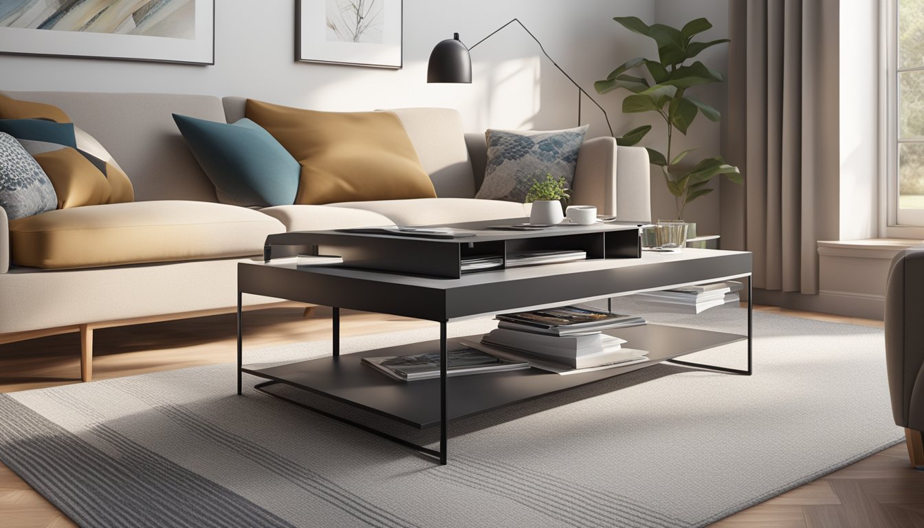 A sleek, modern coffee table with hidden storage compartments, neatly organizing magazines and remote controls in a stylish living room setting