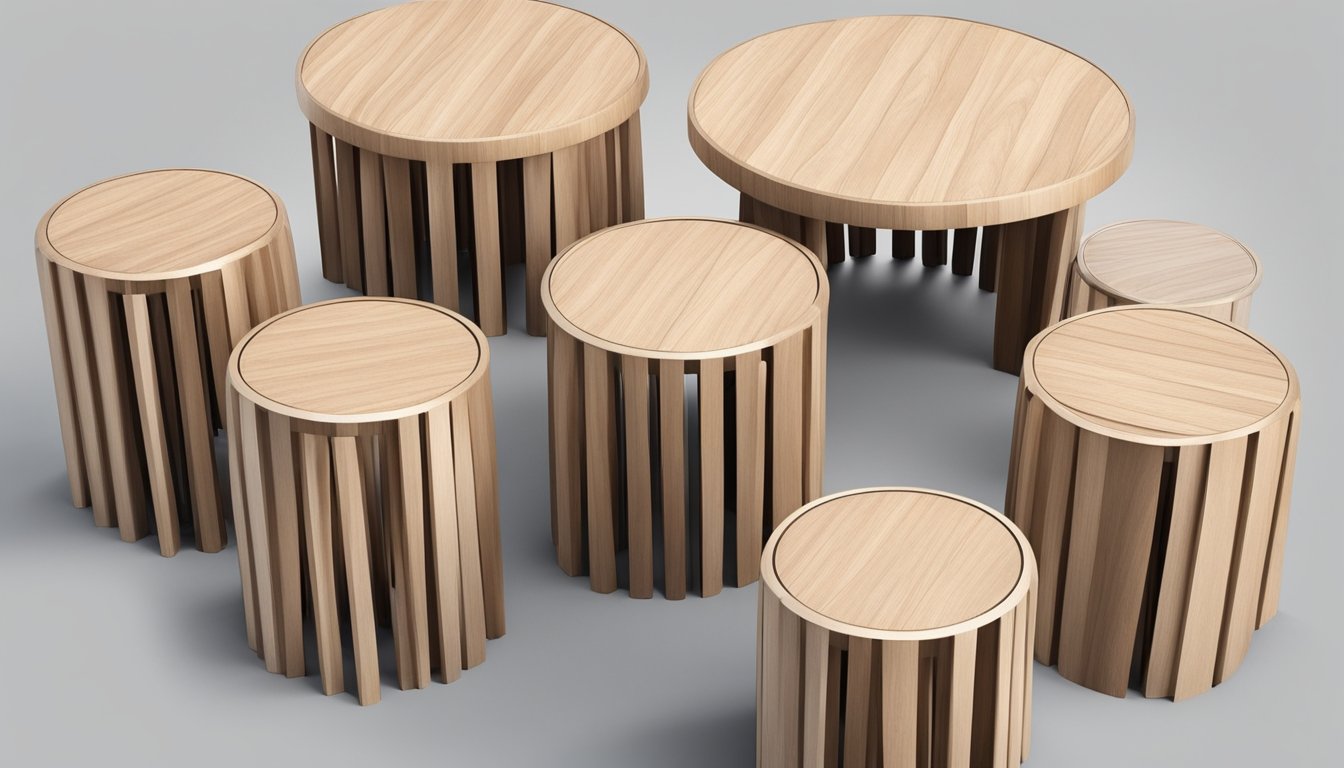 A group of round stools arranged in a circle, with sleek and modern design. The stools are made of smooth, polished wood or metal, with minimalist lines and a neutral color palette