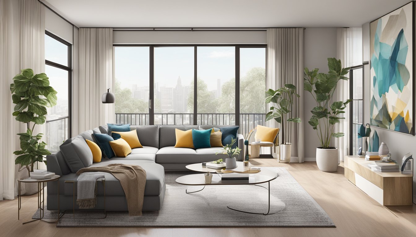 The apartment interior is adorned with modern furnishings, including a sleek sofa, elegant coffee table, and minimalist decor. The color scheme is neutral with pops of vibrant accents