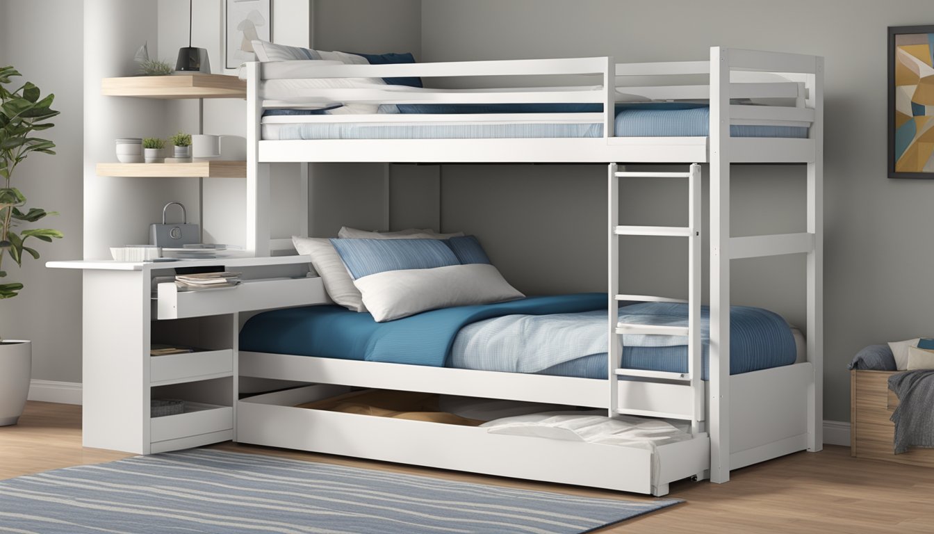 A bunk bed with a pull-out bed underneath, featuring clean lines, sturdy construction, and smooth surfaces for a modern and functional design