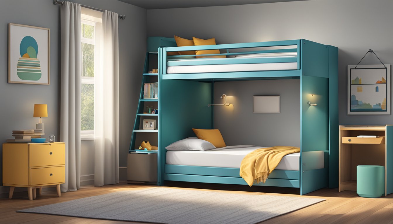 A bunk bed with a pull-out bed underneath, against a wall with a small bedside table and a lamp