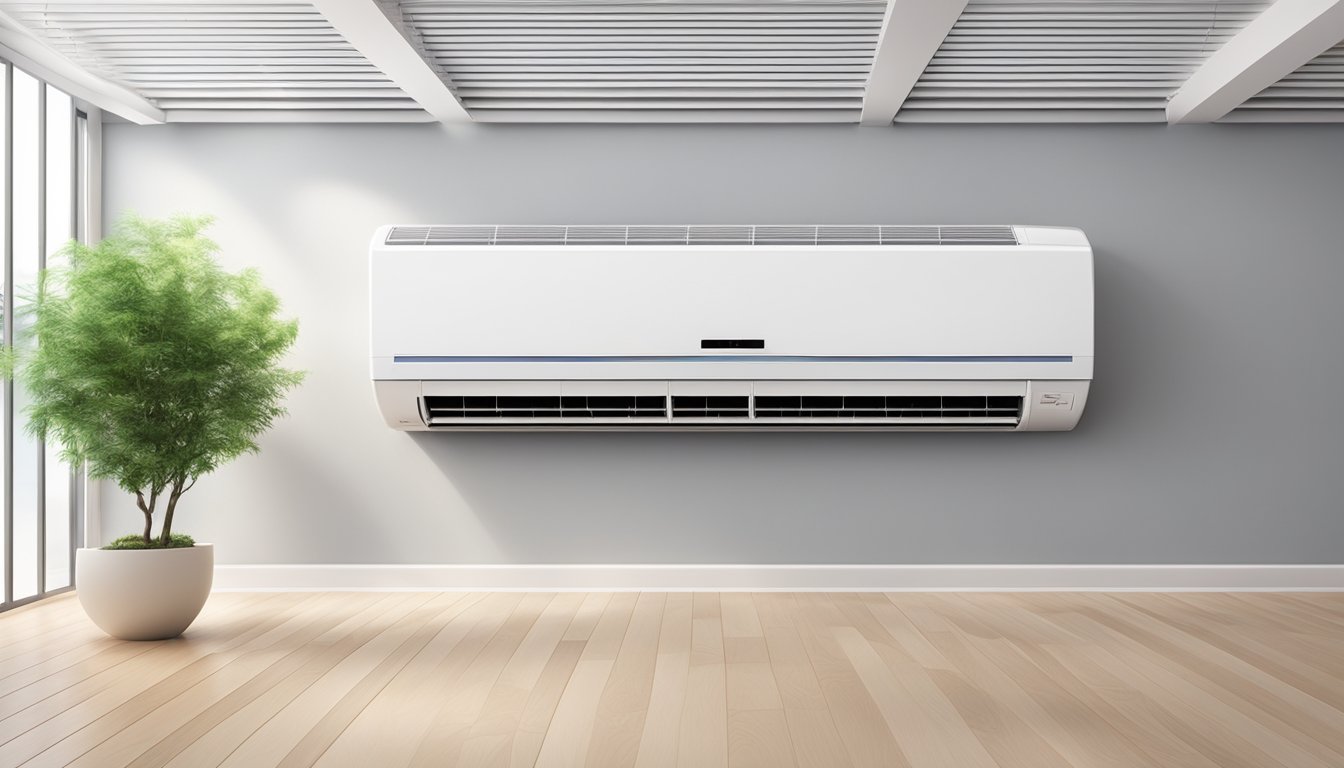 A single split aircon unit hangs on a white wall, emitting cool air into the room