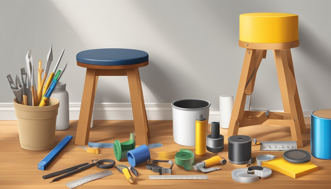 A round stool sits on a hardwood floor next to a workbench. Tools and materials are scattered around, with a measuring tape draped over the stool