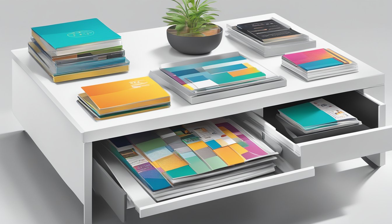 A sleek, modern coffee table with built-in storage compartments, neatly organizing and displaying a stack of FAQ brochures about Singapore