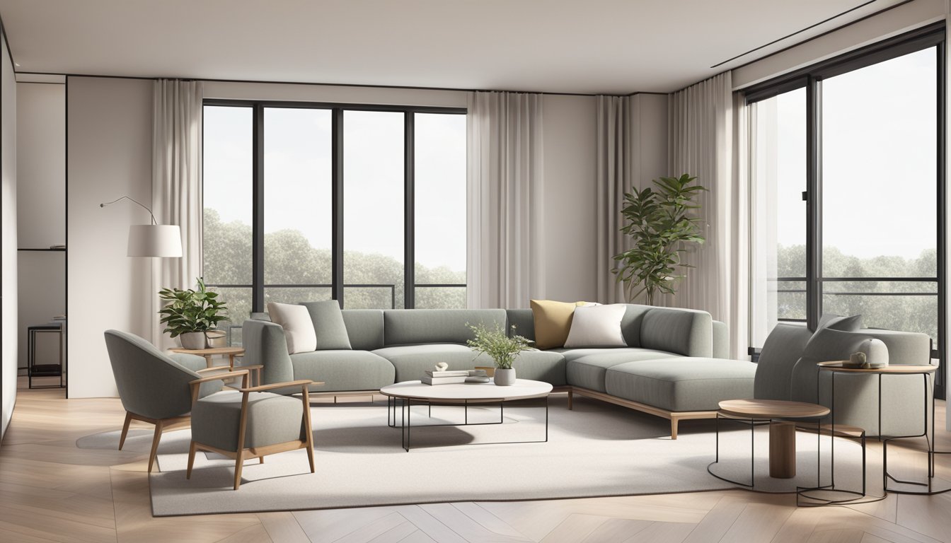 A modern and minimalist apartment with clean lines, neutral colors, and stylish furniture. A large window allows natural light to fill the space, creating a warm and inviting atmosphere