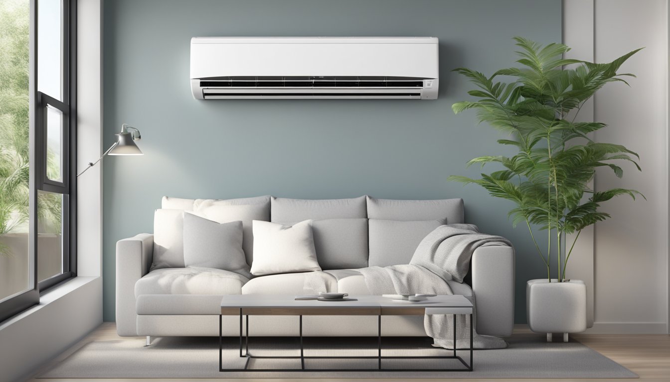A single split aircon system hangs on a wall, connected to an outdoor unit via pipes. The indoor unit has a sleek, modern design with vents for airflow