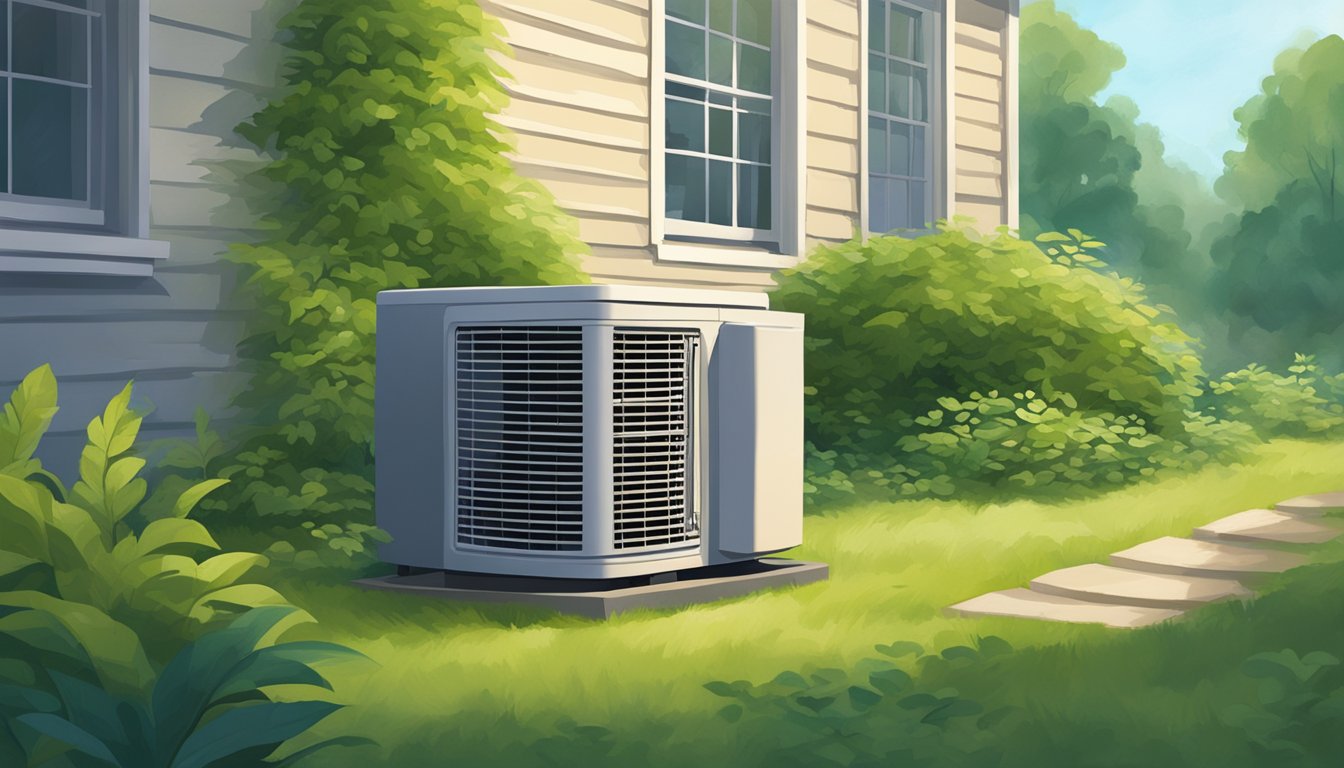 An air conditioner sits outside a home, surrounded by greenery. It hums quietly, with a few leaves blowing in the breeze