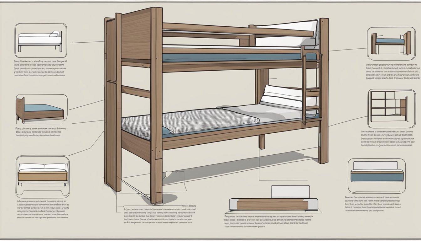 A bunk bed with a pull-out bed underneath, surrounded by various frequently asked questions related to its use and assembly