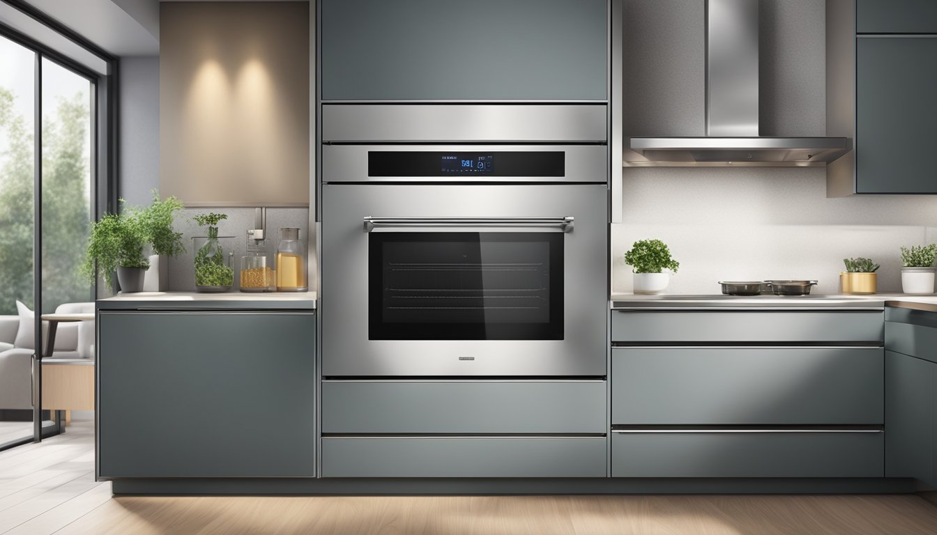 A metal cabinet oven with digital controls and glass door sits in a clean, modern kitchen