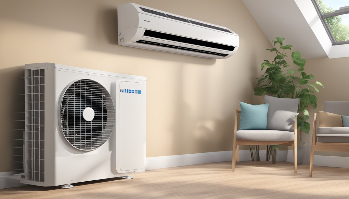 An air conditioner hums steadily, surrounded by clean filters and a well-maintained exterior. It sits in a spacious, well-ventilated room with minimal dust and debris