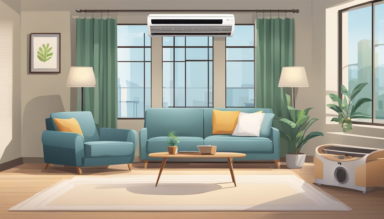 An air conditioner sits in a room, surrounded by furniture. The unit is clean and well-maintained, with no visible signs of wear or damage