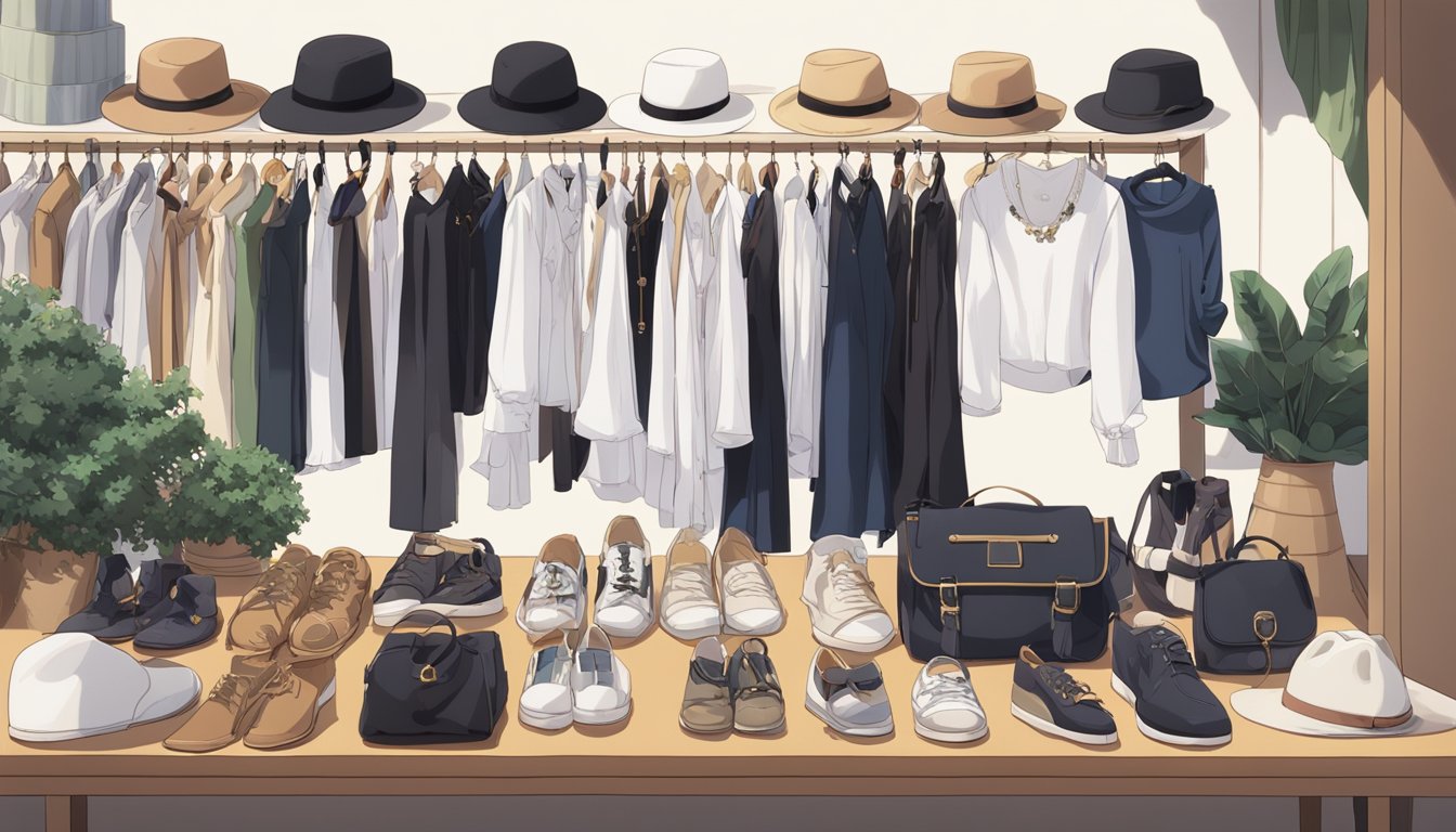 A table with a variety of accessories: scarves, belts, jewelry, hats, and sunglasses. A closet with basic wardrobe essentials: white shirt, black dress, denim jeans, and neutral shoes