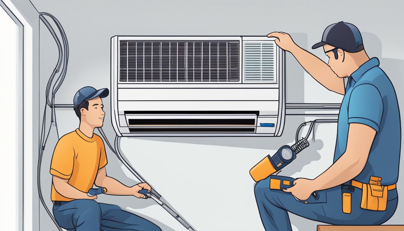 A technician installs a single split aircon unit with tools and equipment in a clean and well-lit room