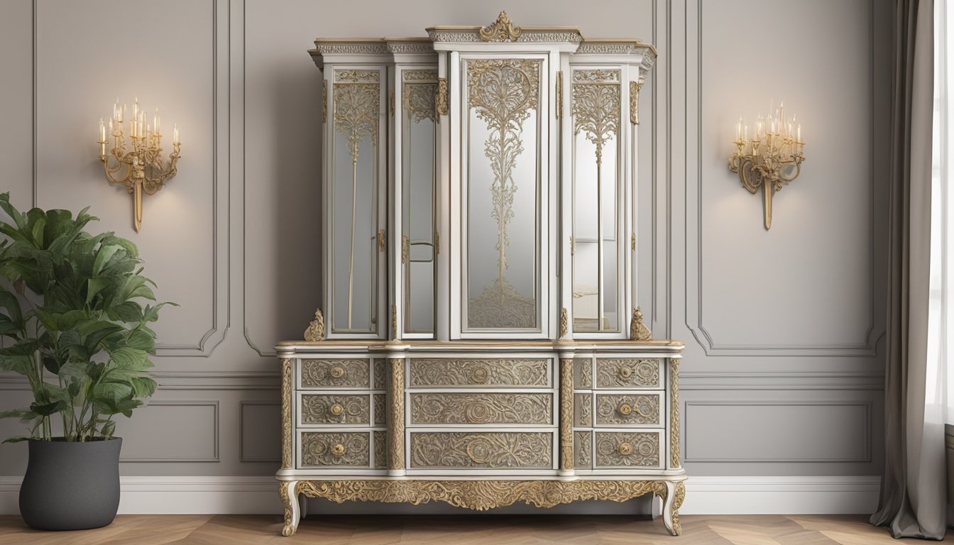 A tall, wooden chest of drawers with a large, ornate mirror attached to the top. The drawers are intricately carved and the mirror is framed with intricate designs