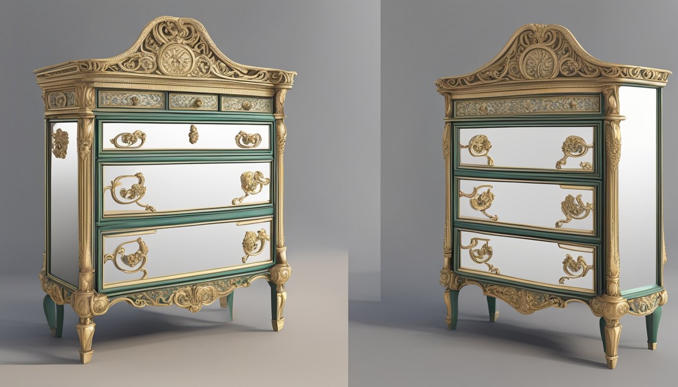 A tall, elegant chest of drawers with a large, ornate mirror attached to the top. The drawers are intricately carved and the mirror is framed in a decorative, antique style