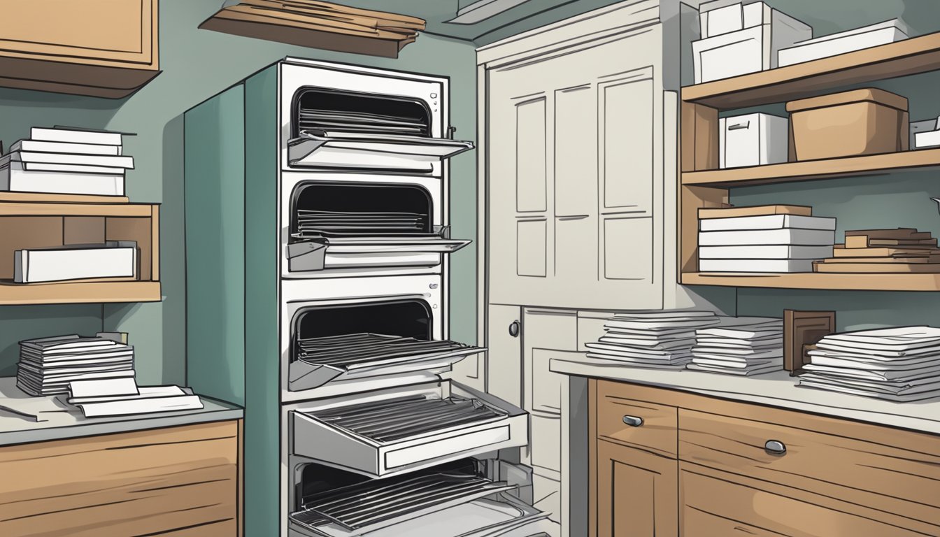 A cabinet oven with a stack of neatly organized Frequently Asked Questions papers on top