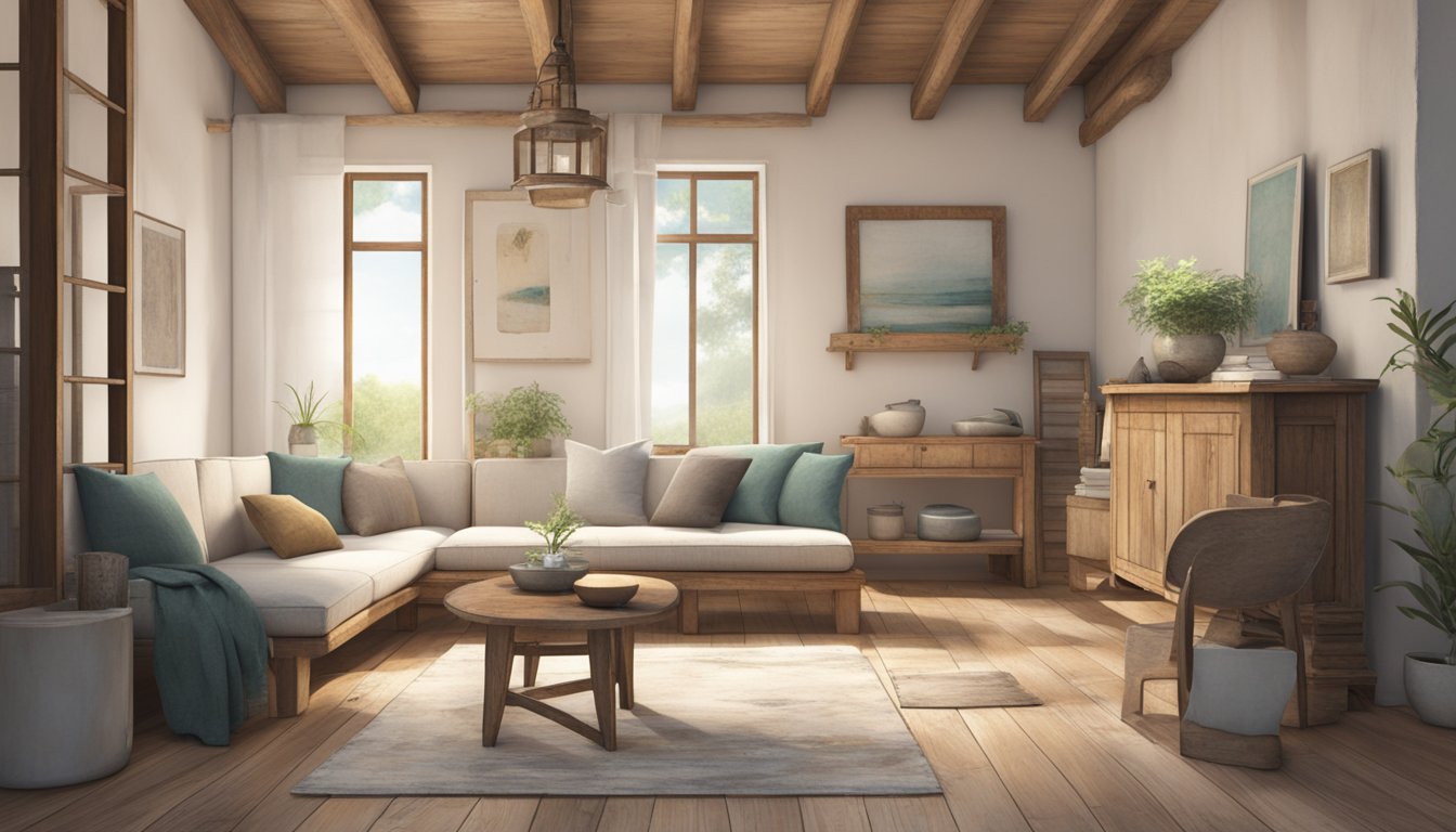 A rustic, minimalist room with weathered wooden furniture, cracked ceramics, and natural textures. Subtle imperfections add character to the serene space