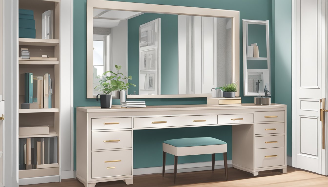 A spacious room with a neatly organized Chester drawer with a mirror, reflecting the surrounding decor