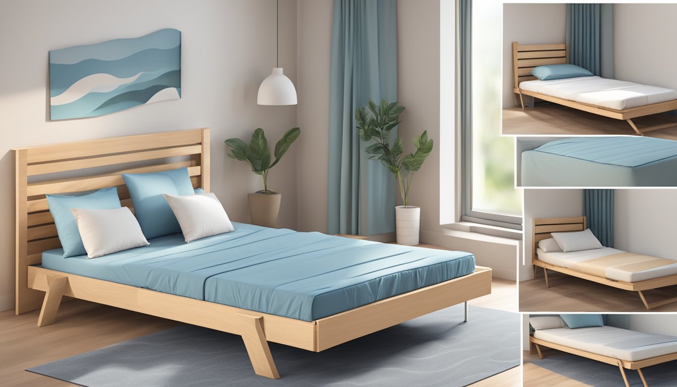 A folding bed with a mattress is set up in a room, with clean, crisp sheets and a neatly made bed