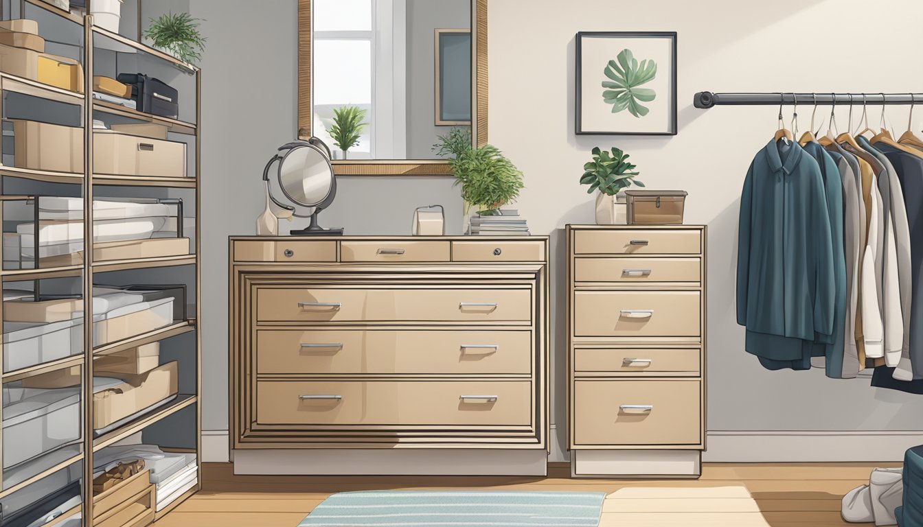 A chester drawer with a mirror sits in a room, with open drawers and neatly arranged items on top